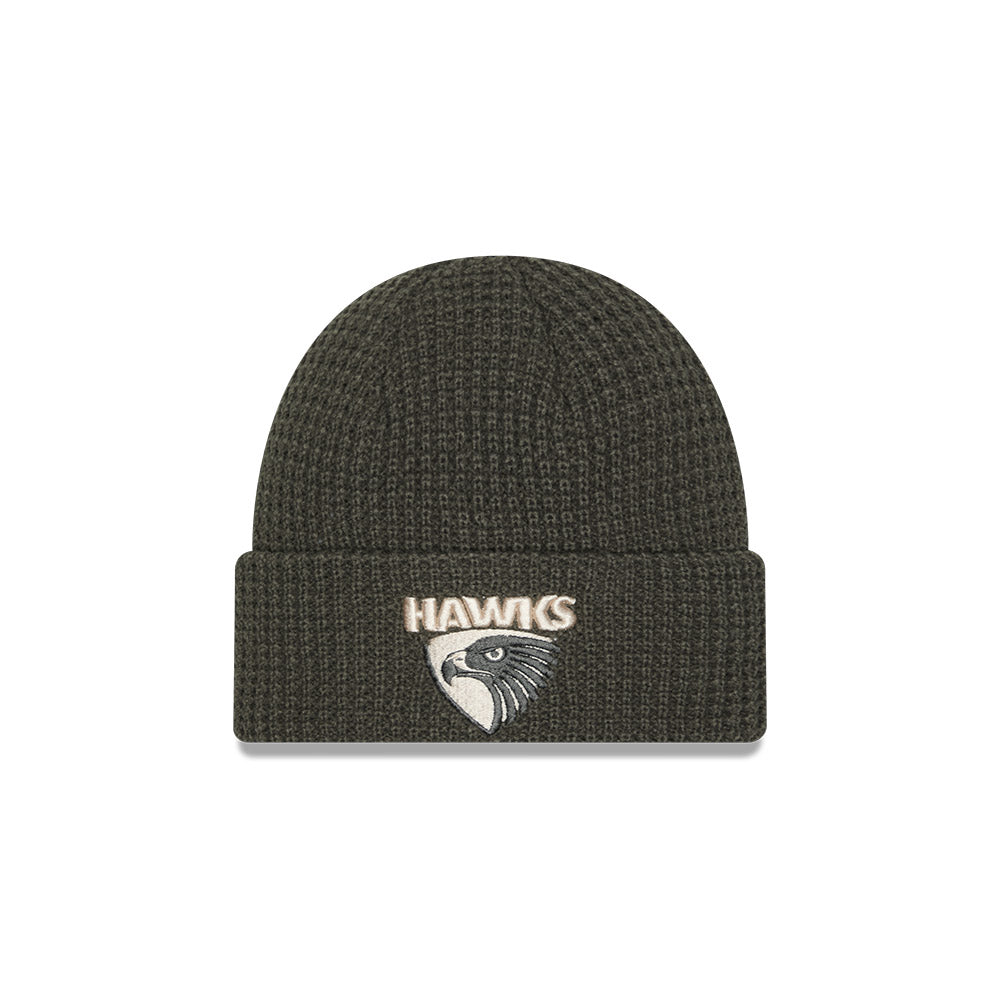 Hawthorn Hawks Beanie - 2025 AFL Dusty Charcoal Waffle Knit - New Era
